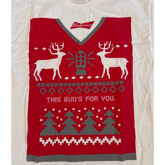 Budweiser Christmas T-Shirt This Buds for You Fair Isle Print Large White Y2K - Picture 2 of 8